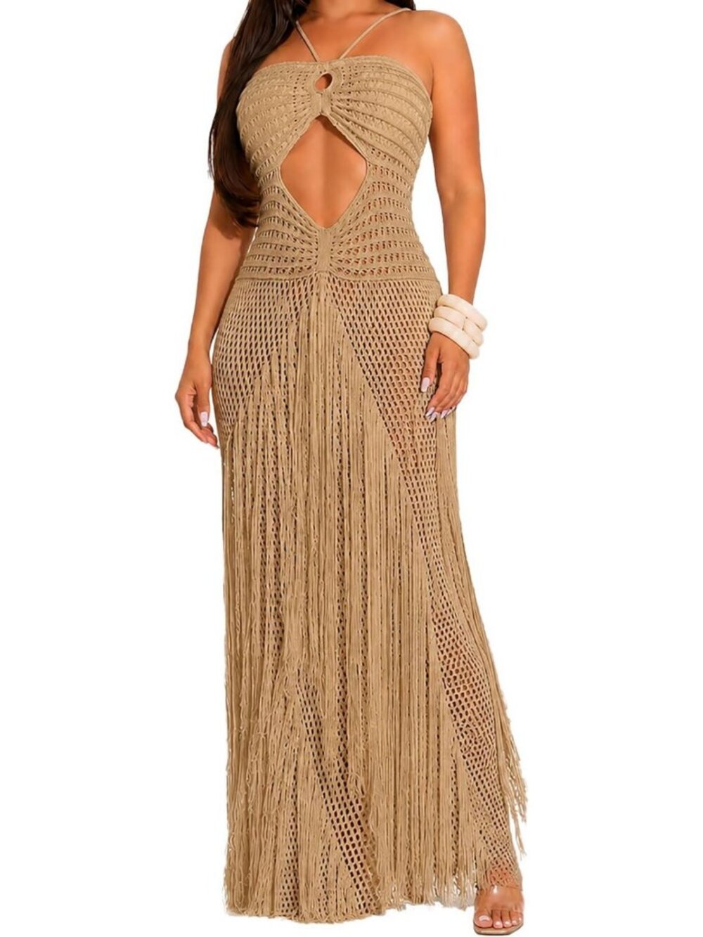 Boho Crochet Maxi Dress Cover-Up for Women with Fringe & Cutout Detail